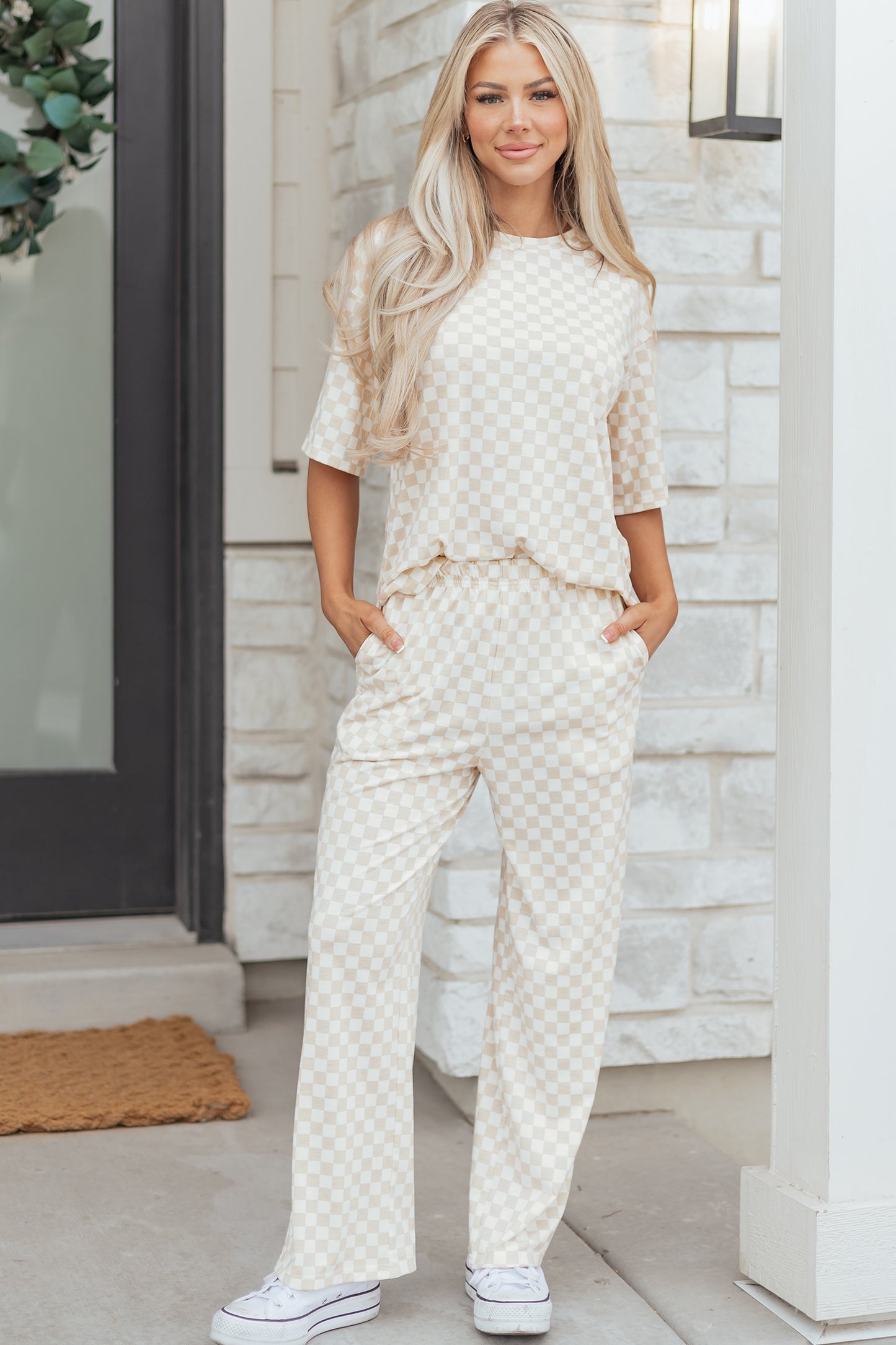 Khaki Checkered Print Half Sleeve Tee & Lounge Pant Set