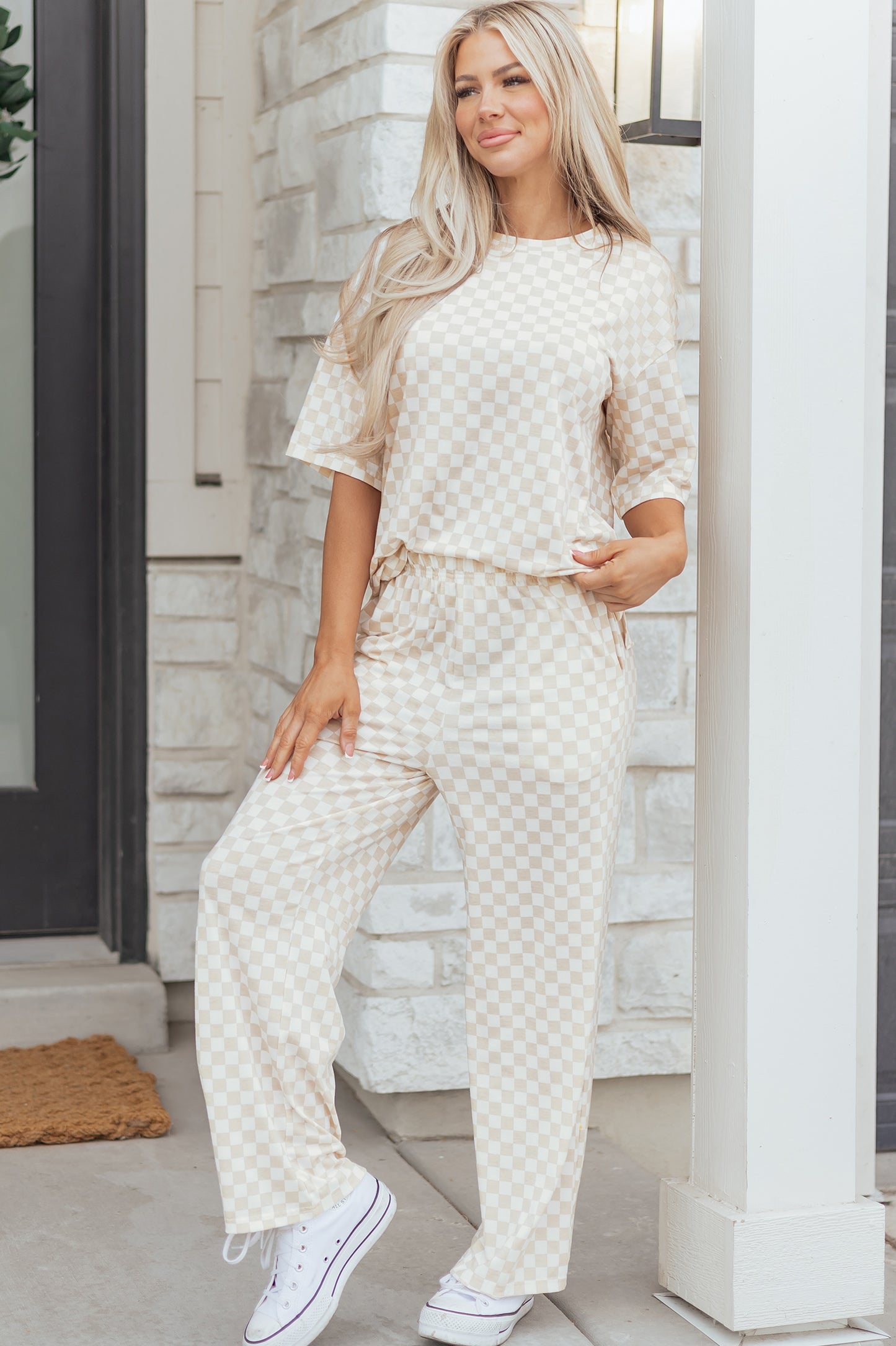 Khaki Checkered Print Half Sleeve Tee & Lounge Pant Set