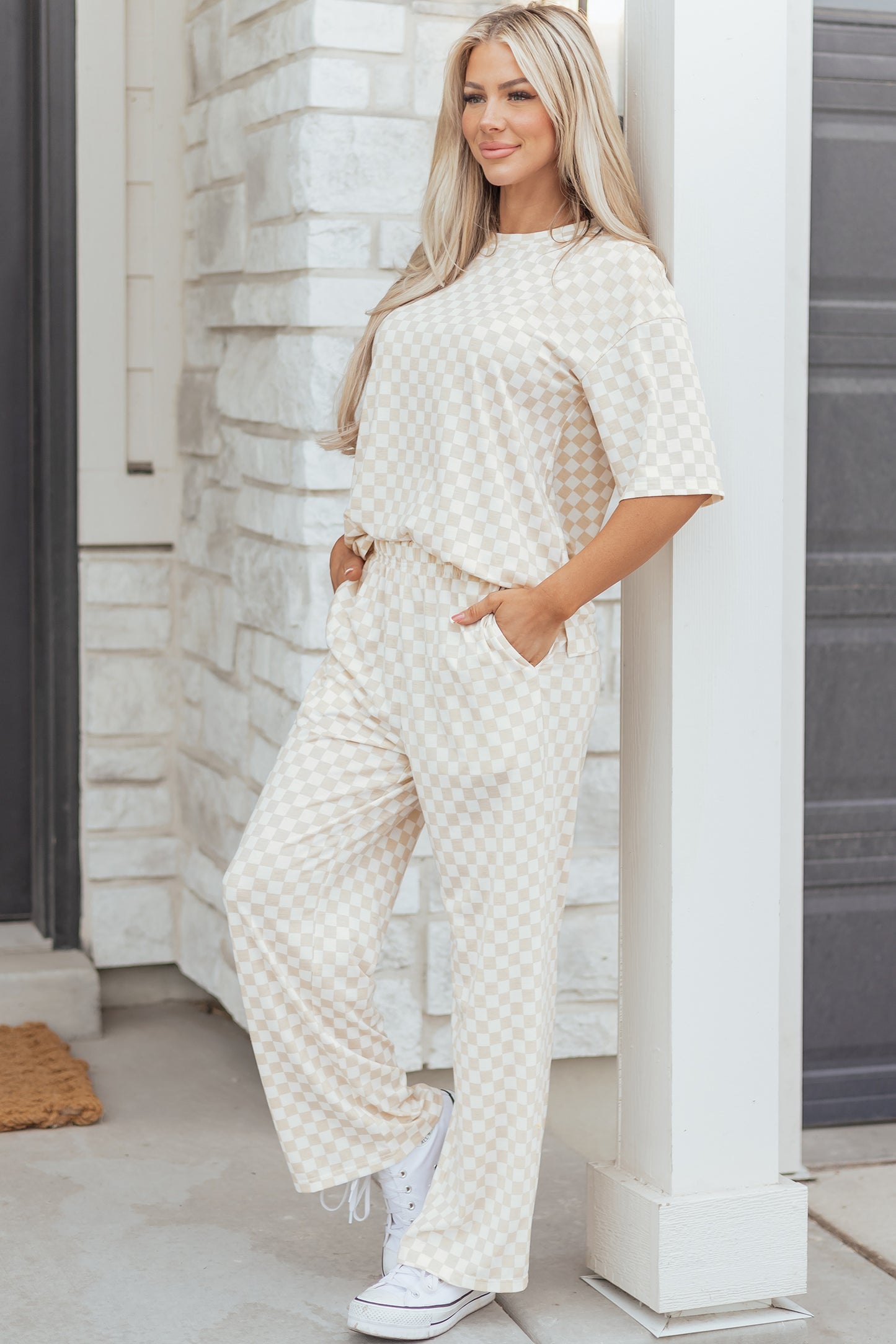 Khaki Checkered Print Half Sleeve Tee & Lounge Pant Set