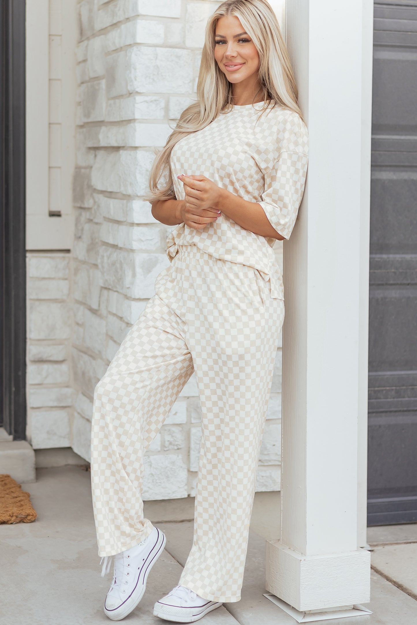 Khaki Checkered Print Half Sleeve Tee & Lounge Pant Set