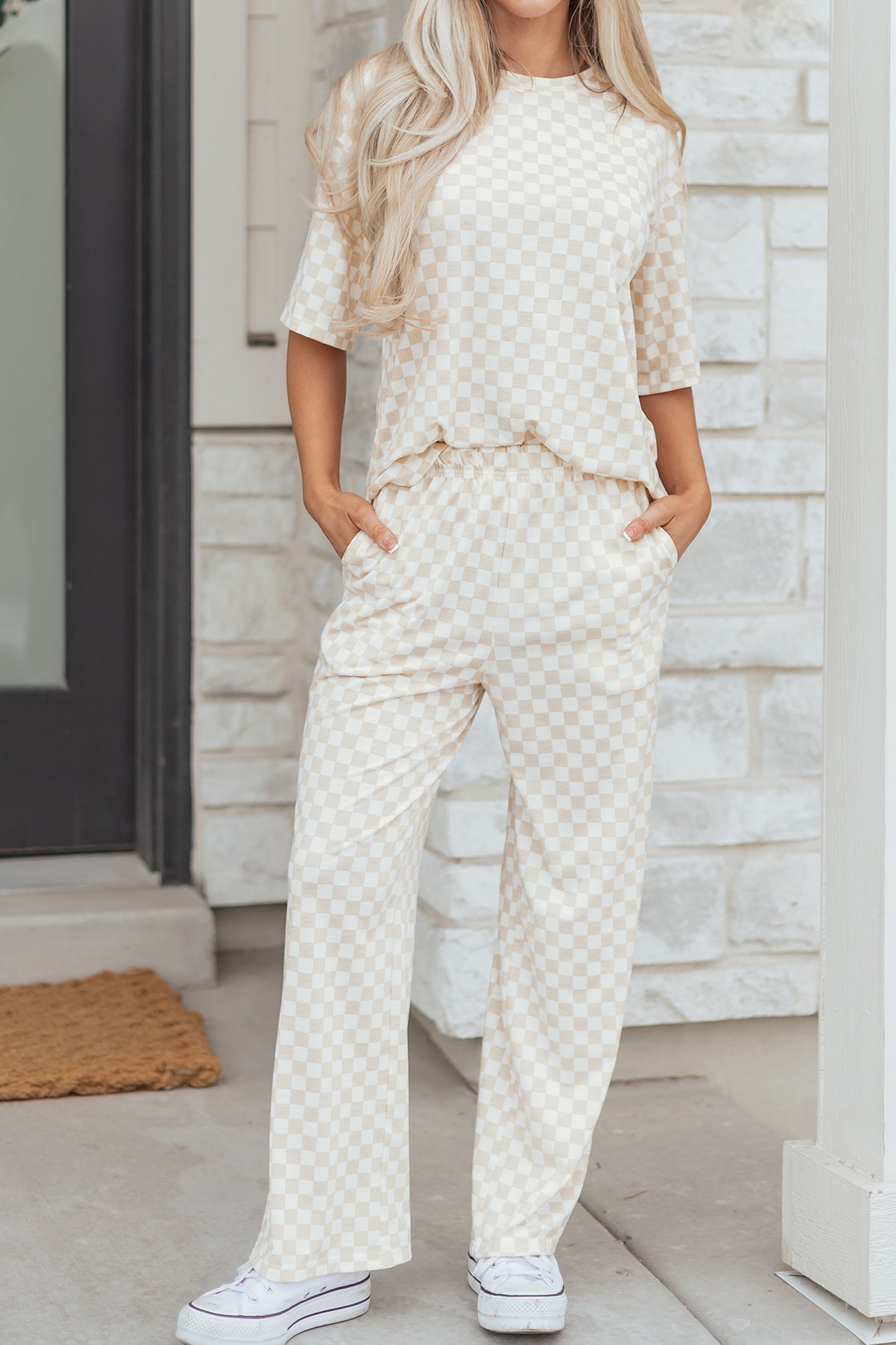 Khaki Checkered Print Half Sleeve Tee & Lounge Pant Set