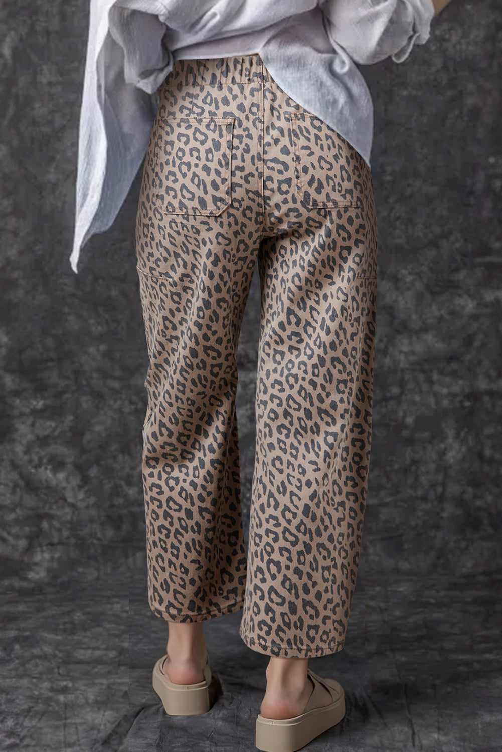 Leopard Print Drawstring Barrel Jeans