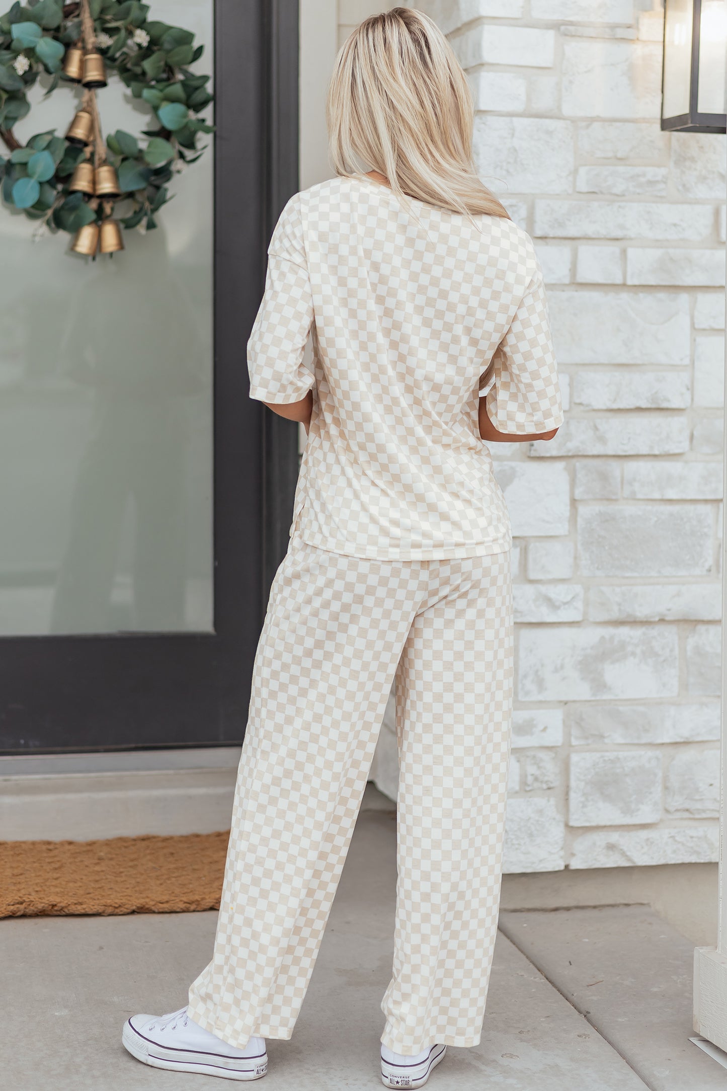 Khaki Checkered Print Half Sleeve Tee & Lounge Pant Set