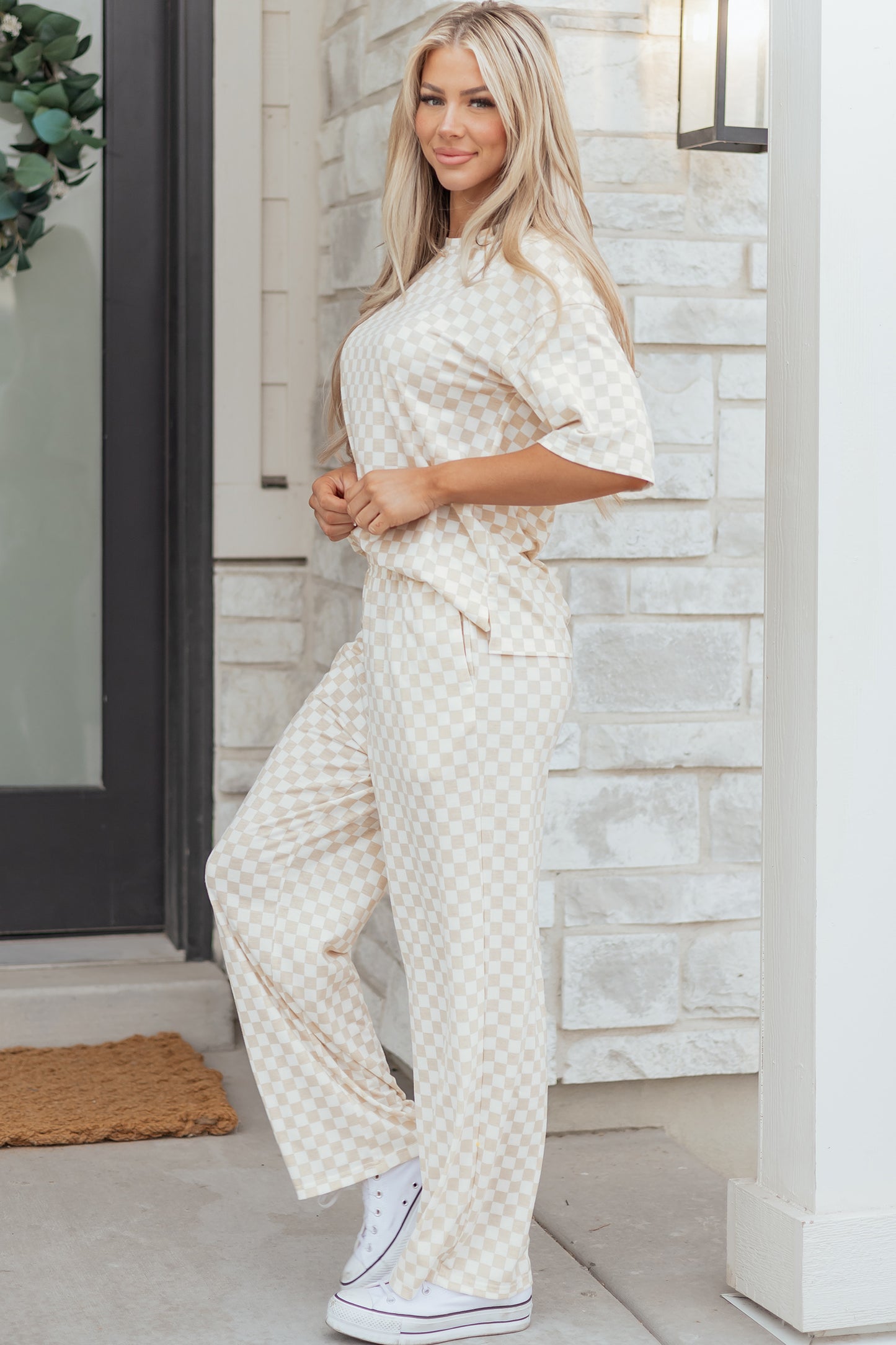 Khaki Checkered Print Half Sleeve Tee & Lounge Pant Set